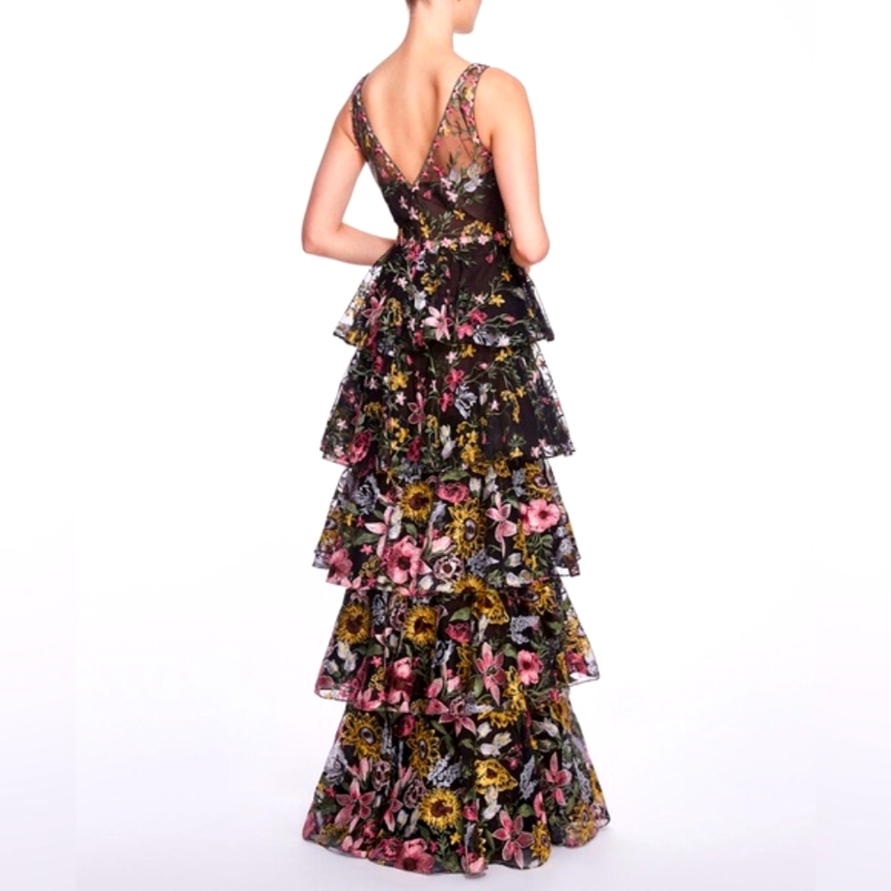 🔴 MARCHESA NOTTE,TIERED EMBROIDERED GOWN - Picture 3 of 13